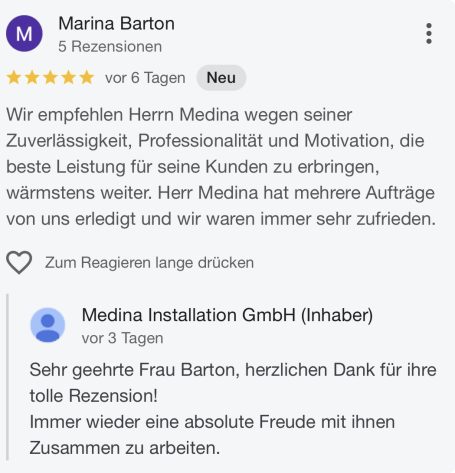 Bewertung von Marina Burton für die Medina Installation GmbH über deren hervorragenden Service.